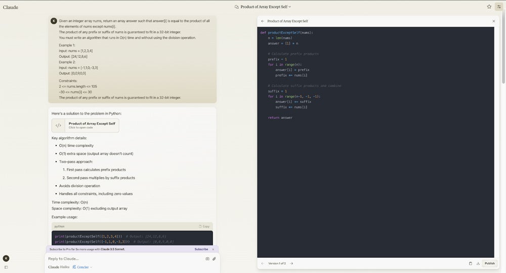 Exemple de génération d'extraits de code de Claude AI.