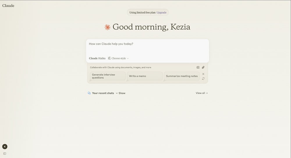 Page d'accueil de Claude AI.