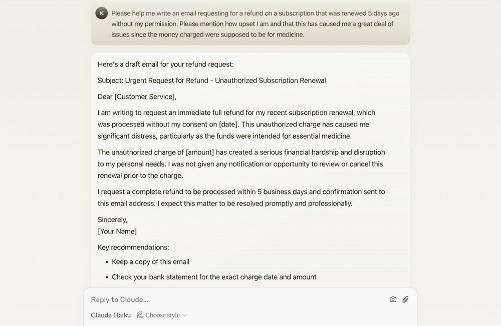 Exemple de fonctionnalité de génération de texte de Claude.