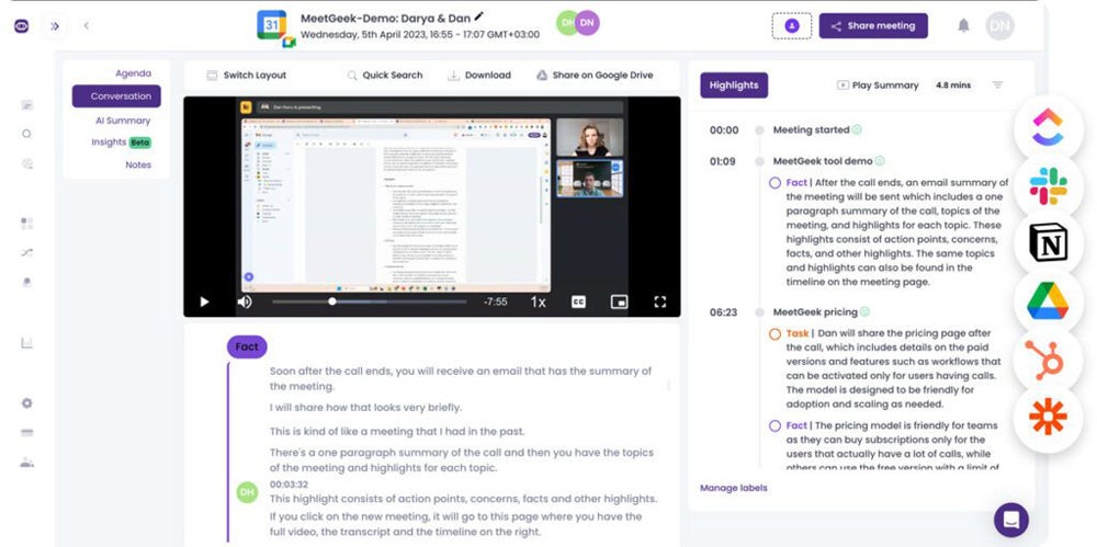 Capture d'écran de MeetGeek.
