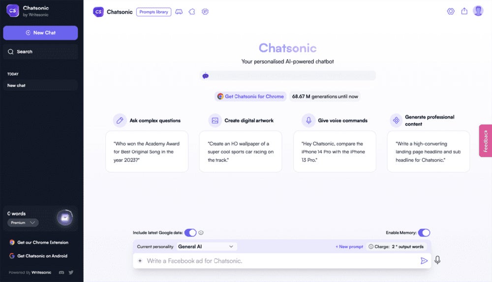 Quel est le meilleur chatbot IA ? 21 meilleurs choix de 2025 Capture d'écran de ChatSonic.